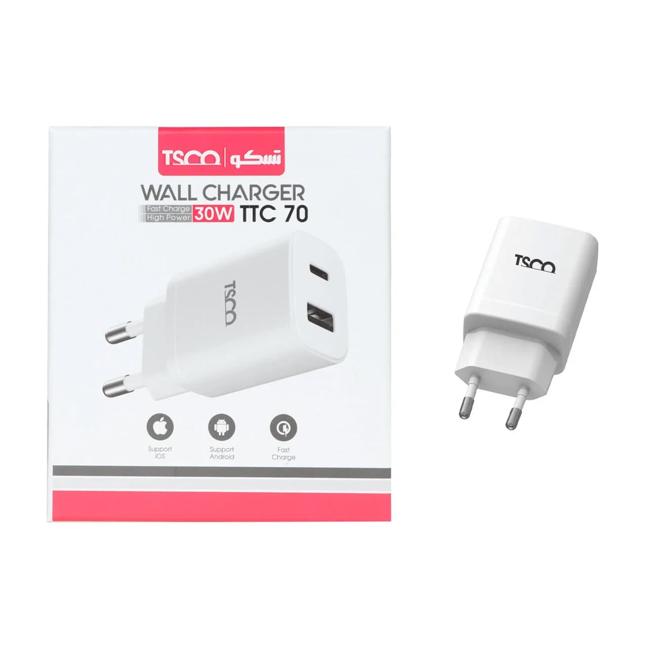 شارژر دیواری PDو فست دو پورت 30 وات TSCO مدل TTC 70 – سفید