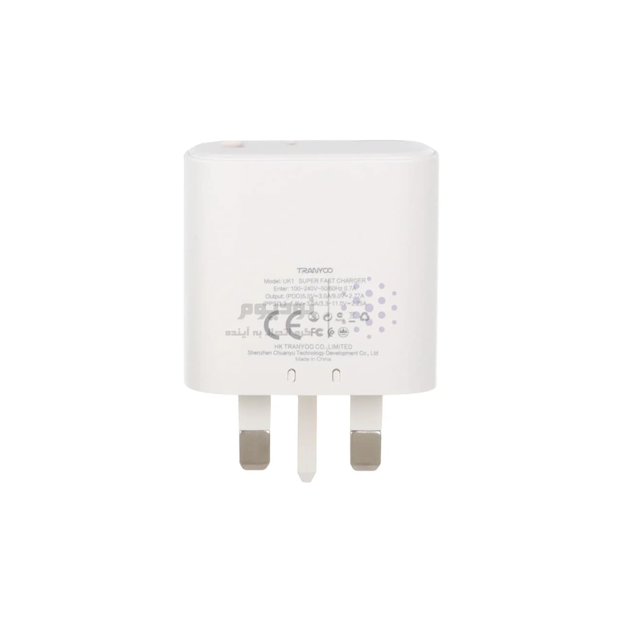 شارژر دیواری سه پین فست و PD دو پورت Tranyoo مدل T-UK1 25W به همراه کابل شارژ Type-C To Type-C – سفید — تصویر ۲