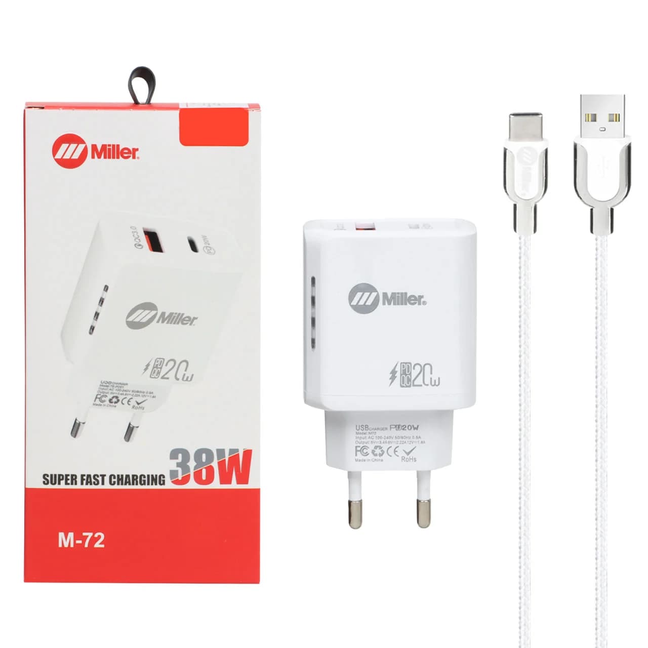 شارژر دیواری سوپر فست و PD دو پورت Miller مدل M-72 38W به همراه کابل شارژ Type-C – سفید (گارانتی پارتیان پایا)