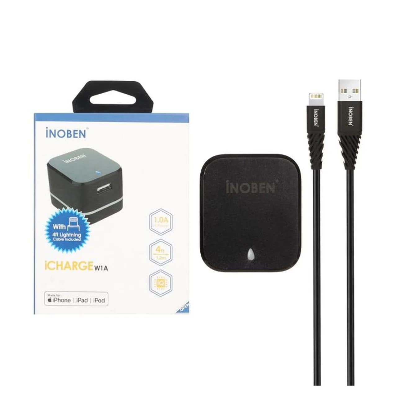 شارژر دیواری تک پورت iNOBEN مدل iCHARGE W1A به همراه کابل شارژ آیفون – مشکی