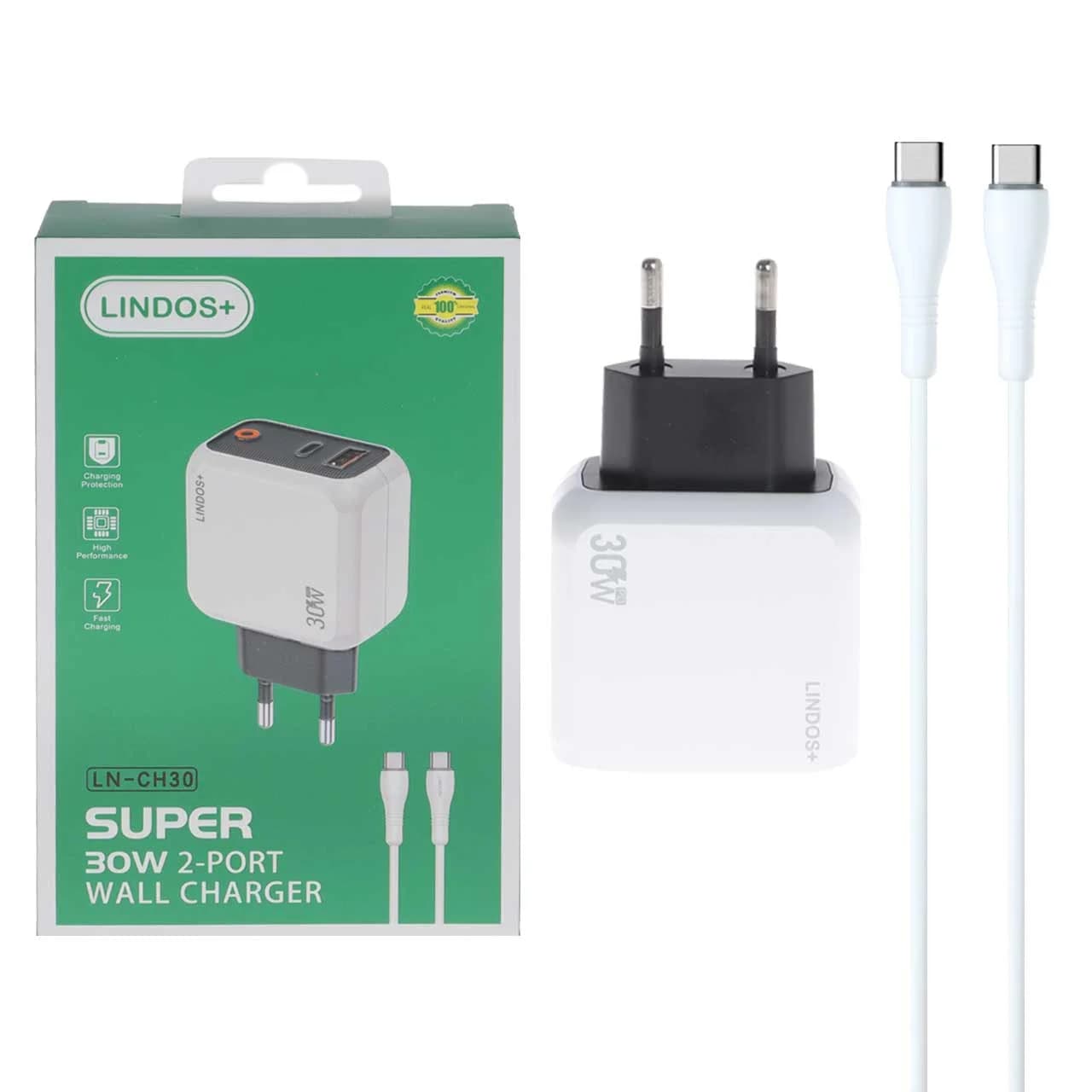 شارژر دیواری فست و PD دو پورت +Lindos مدل LN-CH30 30W به همراه کابل شارژ Type-C To Type-C – سفید (گارانتی تعویض یکساله شرکتی)