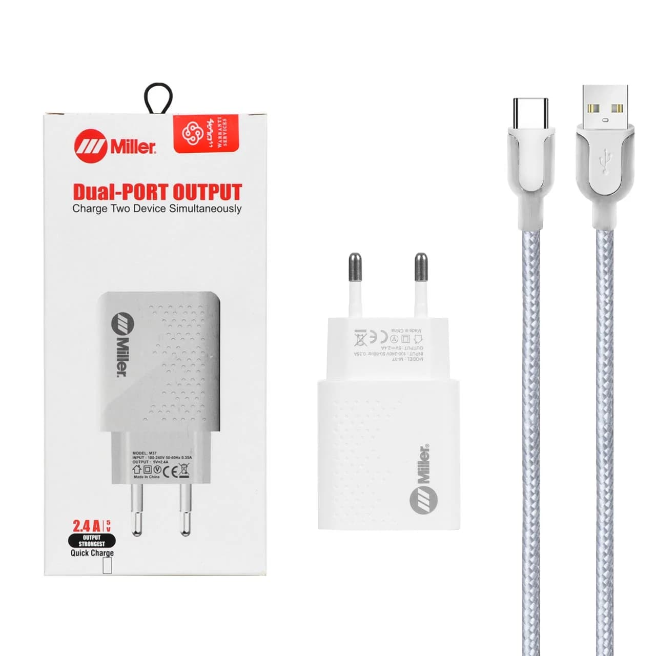شارژر دیواری دو پورت Miller مدل M-37 12W به همراه کابل شارژ Type-C – سفید (گارانتی پارتیان پایا)