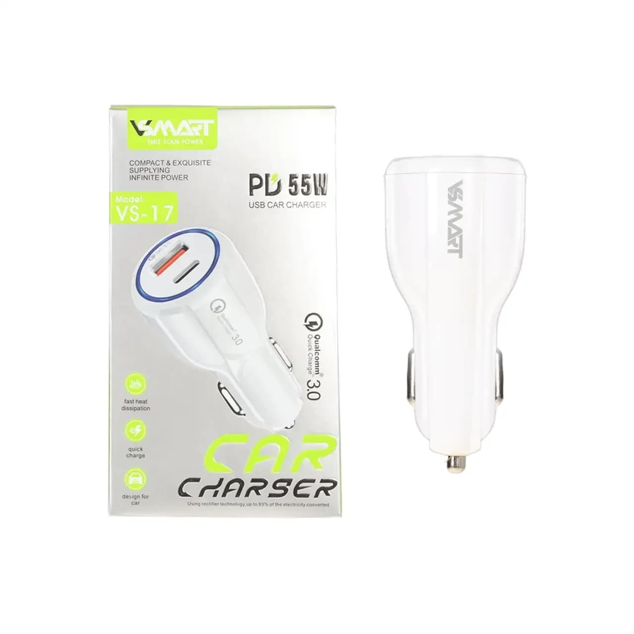شارژر فندکی PD و فست دو پورت V-Smart مدل VS-17 55W – سفید – BSA