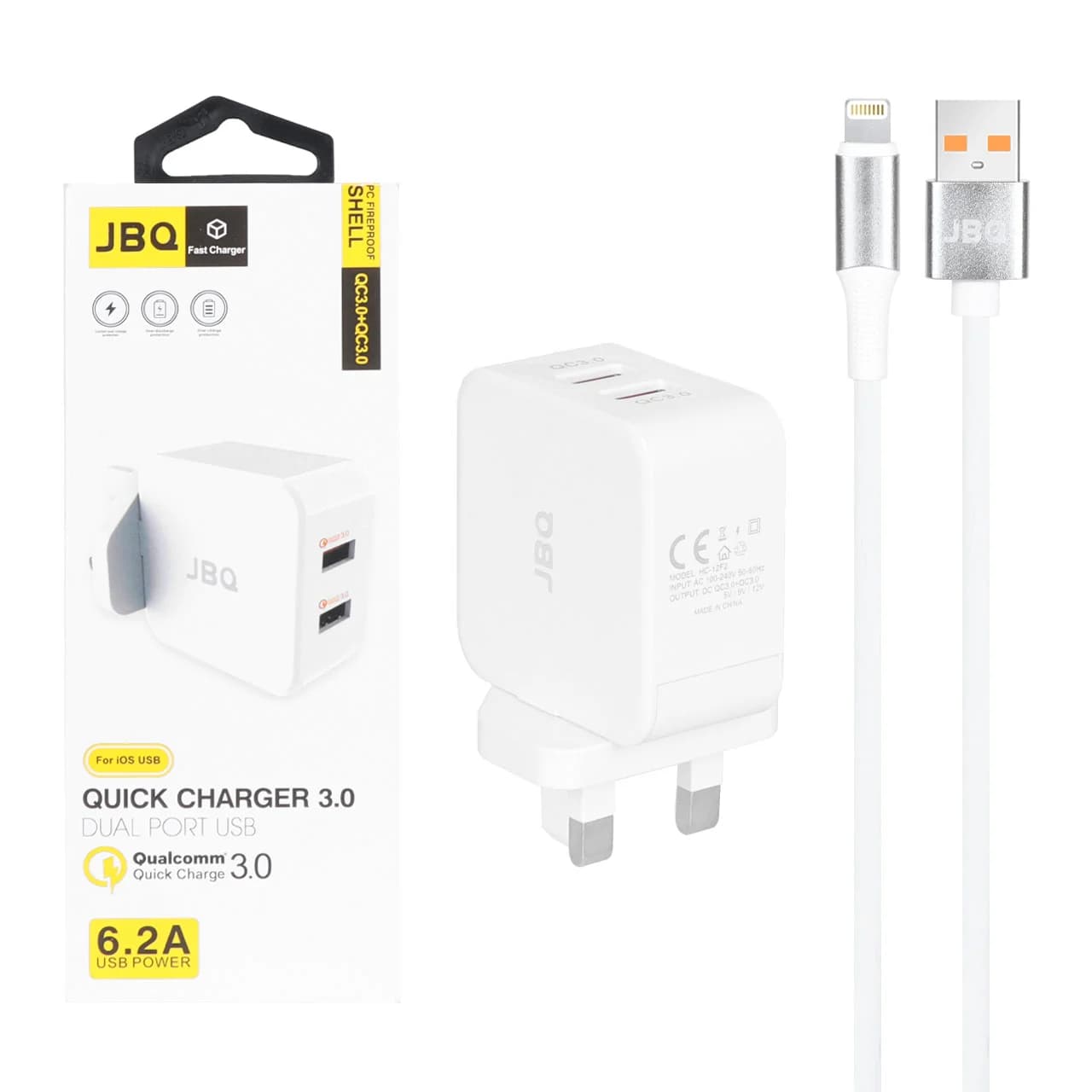 شارژر دیواری فست دو پورت JBQ مدل HC-12F2 30W همراه با کابل آیفون – سفید (گارانتی یکساله رصاصی)