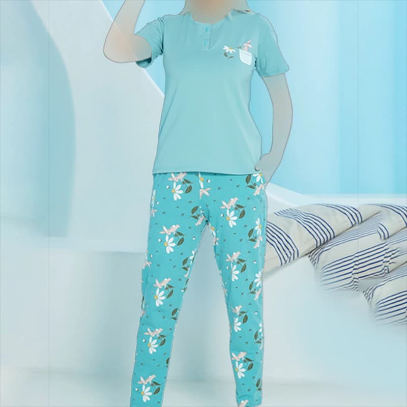 ست زنانه تیشرت دو دگمه و شلوار چاپدار بلکس (نیکوتن پوش) کد 64416