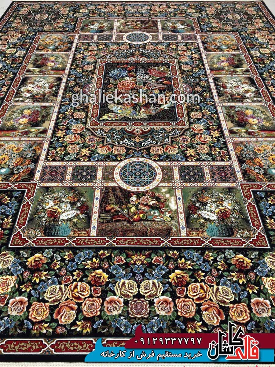 فرش 1000 شانه طرح باغ ارم زمینه سرمه ای کاشان — تصویر ۳