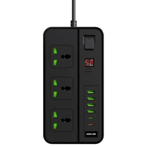چند راهی 3 خانه گرین لاین GS-150 GNGS150PS با کابل 2 متری + شارژر USB و Type-C