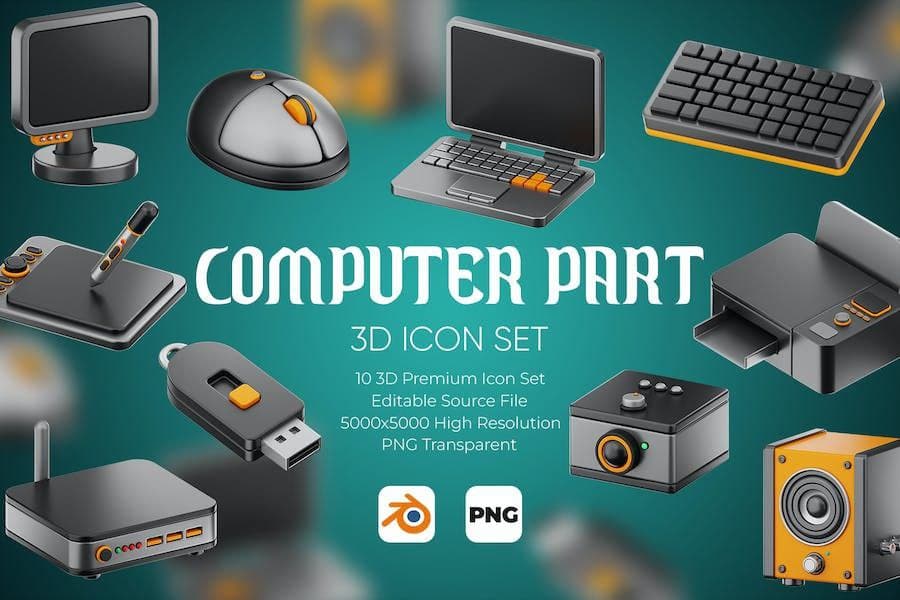 پک آیکون سهبعدی قطعات کامپیوتر | 3D Computer Components Icon Pack
