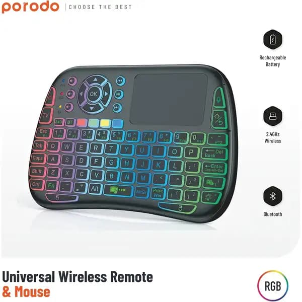 مینی کیبورد و تاچ پد بی سیم پرودو Porodo Universal Keyboard Remote & Mouse Combo PD-MWKTC-BK — تصویر ۴