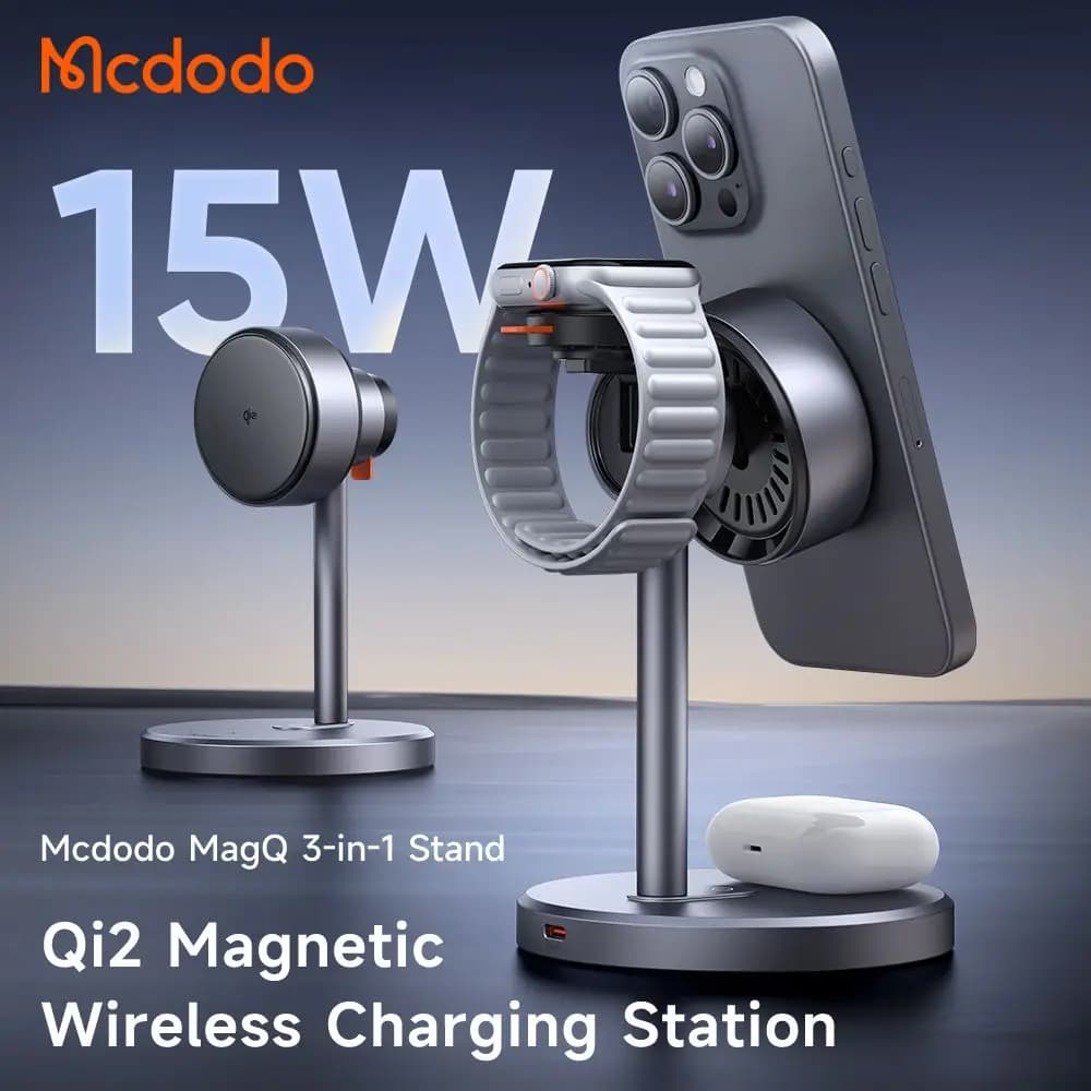 استند شارژر وایرلس 3 کاره 22.5 وات به همراه آداپتور 33وات مک دودو Mcdodo CH-2462 Qi2 — تصویر ۳