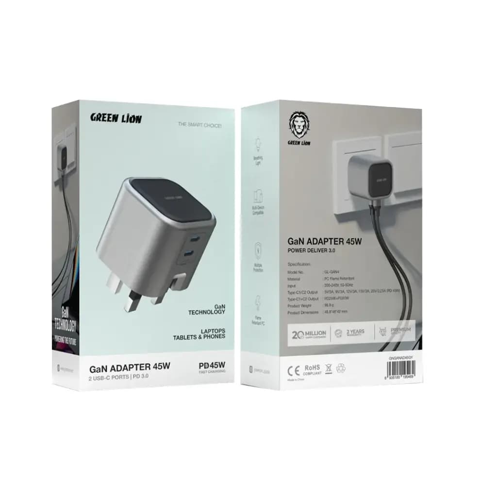 آداپتور ۲ پورت تایپ سی ۴۵ وات گرین لاین Green Lion GaN Adapter 45W 2 USB-C Ports — تصویر ۲