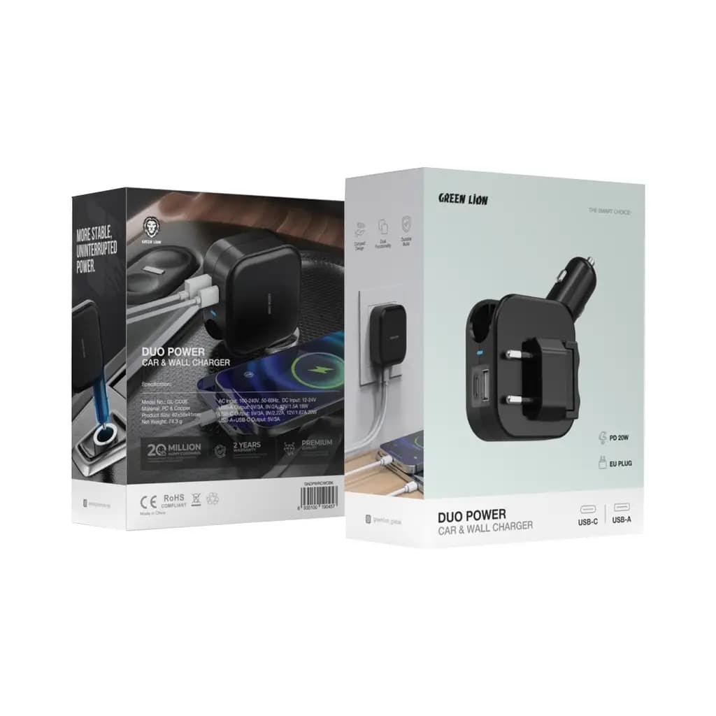 شارژر دوگانه فندکی و دیواری گرین لاین مدل Green Lion Duo Power Car and Wall Charger — تصویر ۲