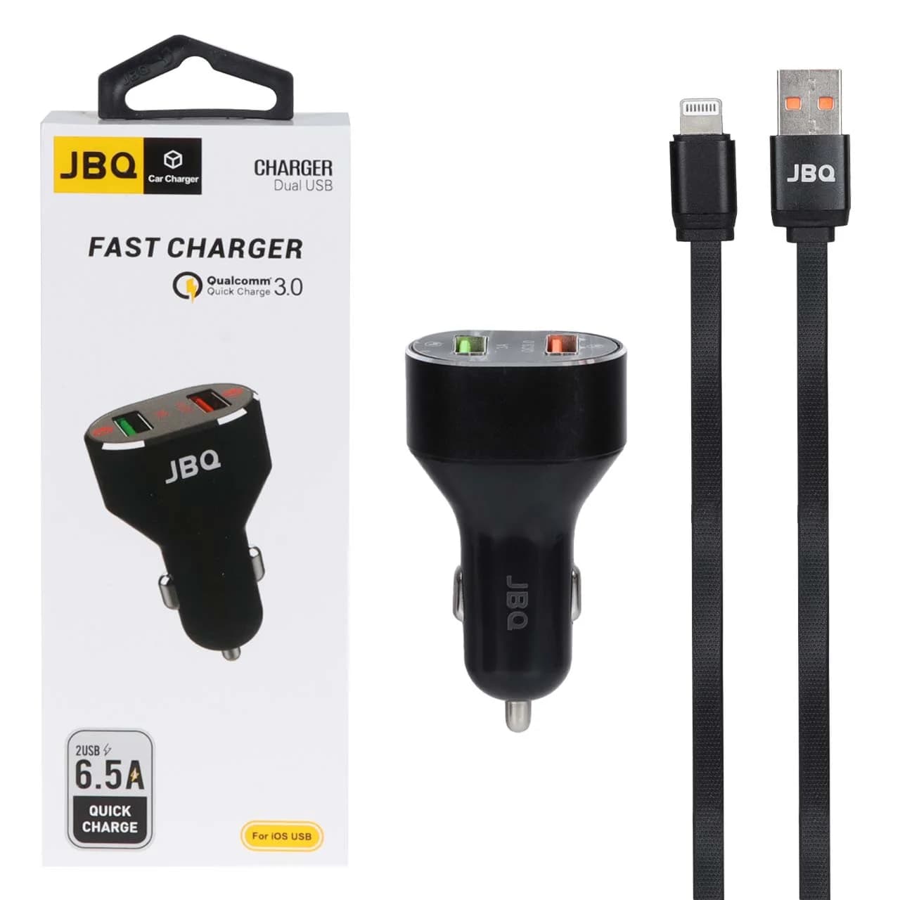 شارژر فندکی فست دو پورت JBQ مدل C-65 33W همراه با کابل آیفون – مشکی (گارانتی یکساله رصاصی)