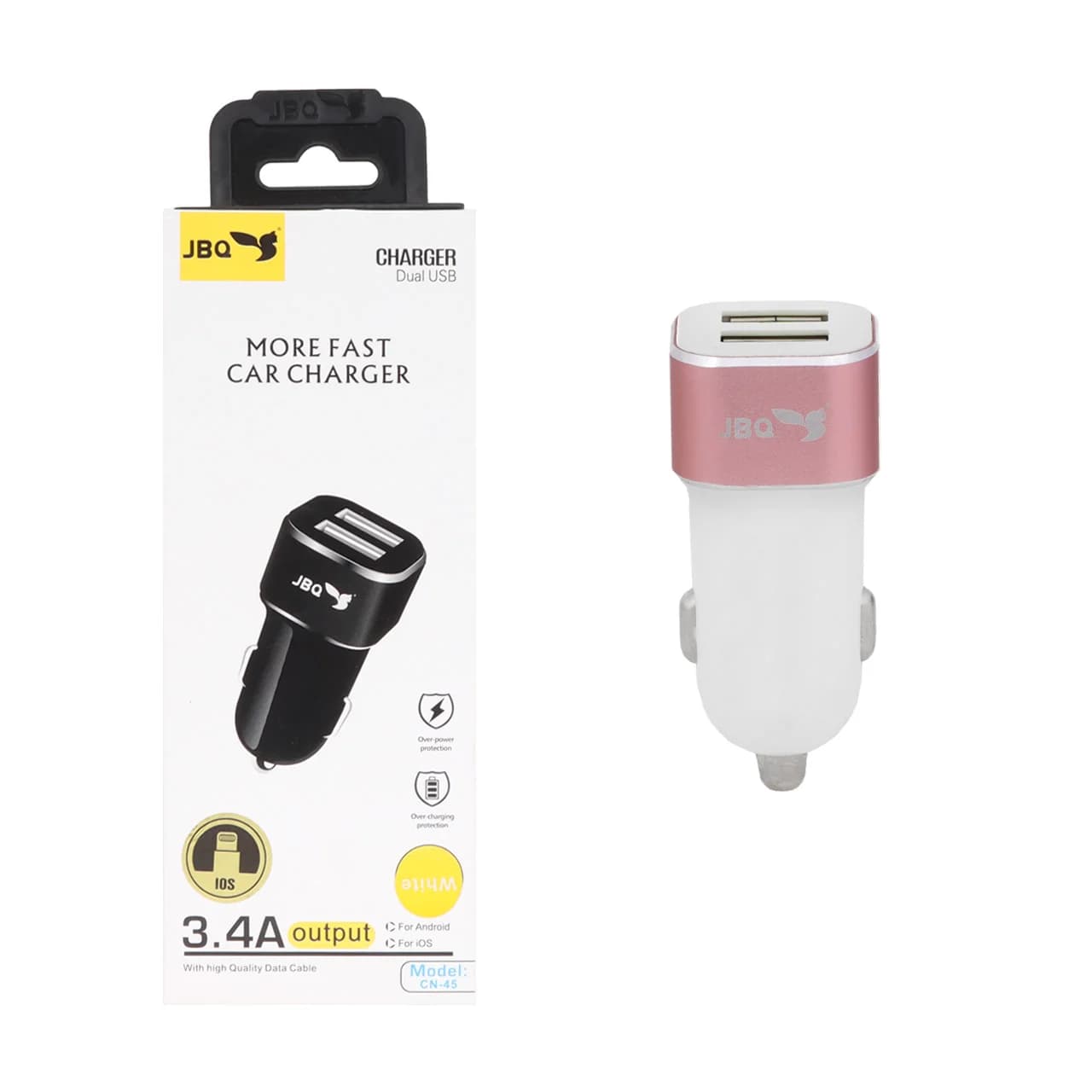 شارژر فندکی فست دو پورت JBQ مدل CN-45 18W همراه با کابل آیفون – سفید (گارانتی یکساله رصاصی)