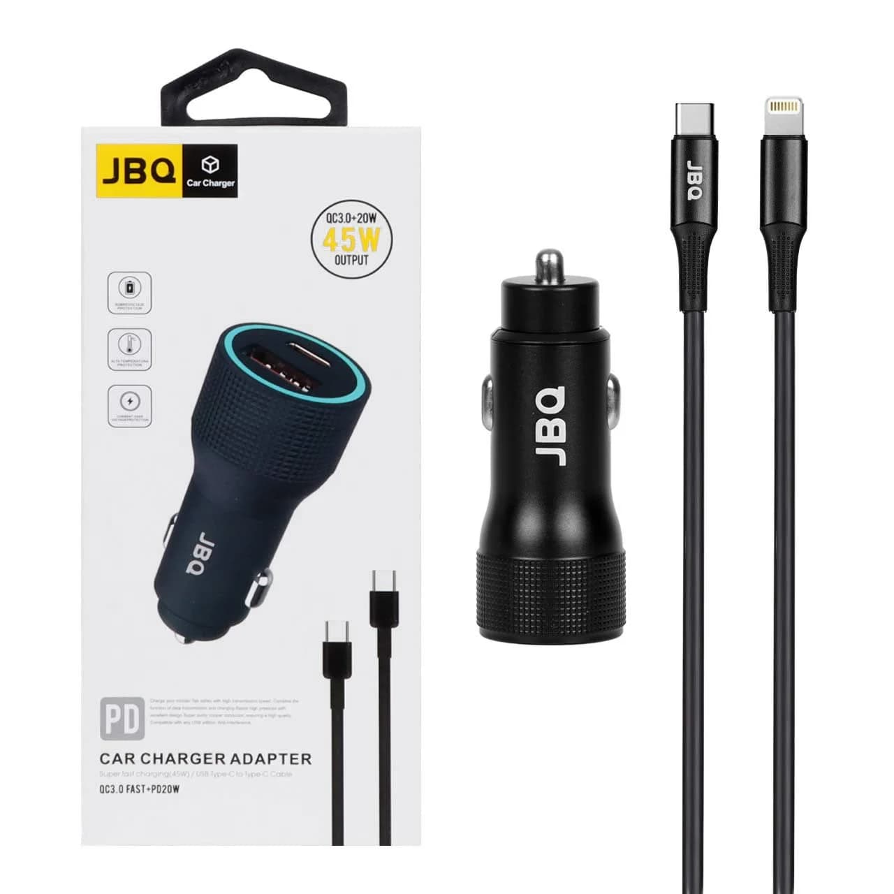 شارژر فندکی فست و PD دو پورت JBQ مدل CC-P8 45W همراه با کابل Type-C to Lightning – مشکی (گارانتی یکساله رصاصی)
