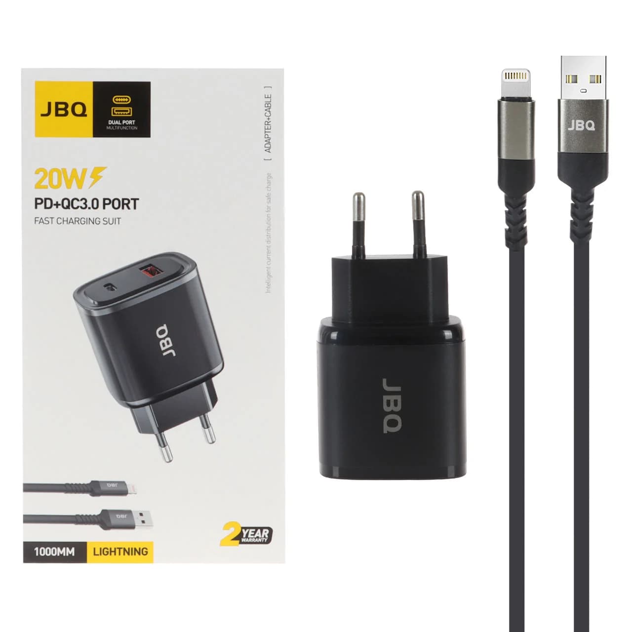 شارژر دیواری فست و PD دو پورت JBQ مدل HC-NP20 20W همراه با کابل آیفون – مشکی (گارانتی یکساله رصاصی)