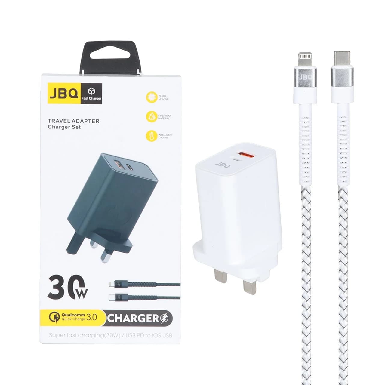 شارژر دیواری فست دو پورت JBQ مدل HC-30w 30W همراه با کابل Type-C To Lightning – سفید (گارانتی یکساله رصاصی)