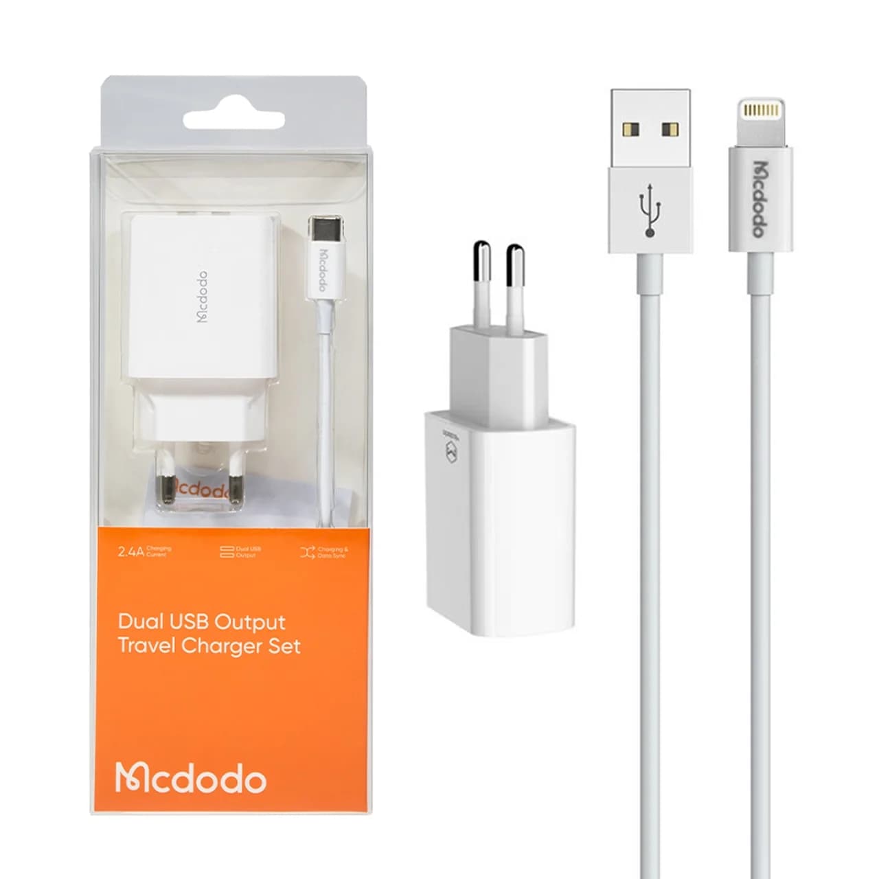 شارژر دیواری فست دو پورت Mcdodo مدل CH-6720 12W به همراه کابل شارژ آیفون – سفید (گارانتی متین)