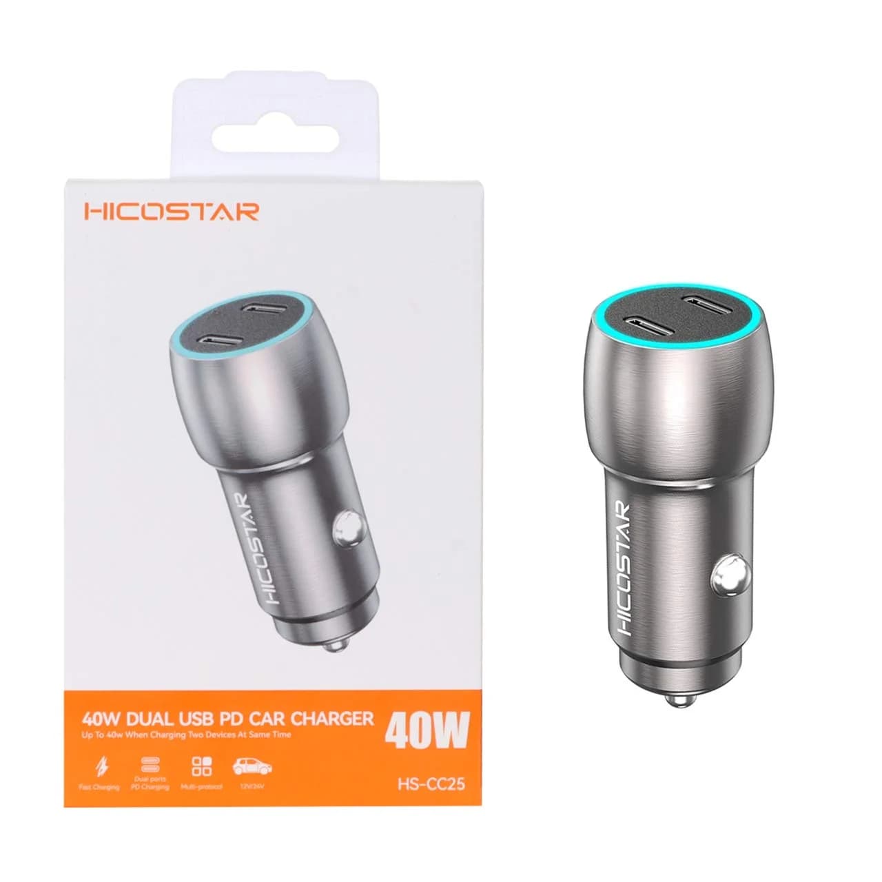 شارژر فندکی 40W فست و PD دو پورت Hicostar مدل HS-CC25 – نقره ای