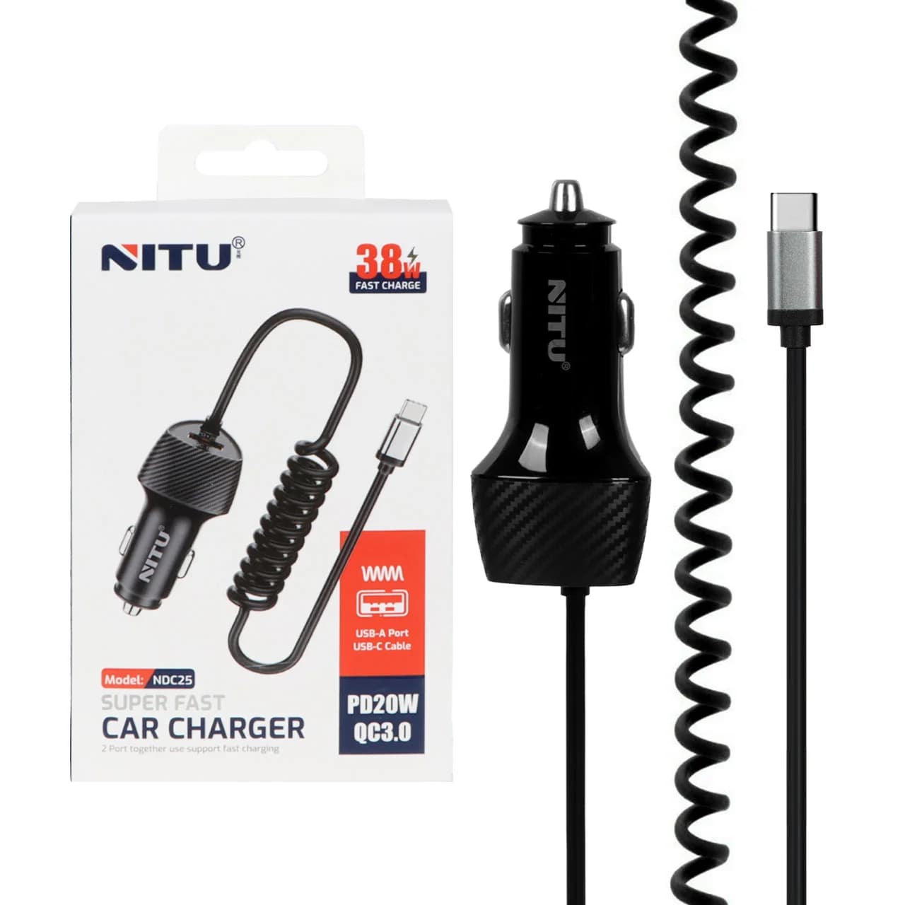 شارژر فندکی فست و PD تک پورت NITU مدل NDC25 38W بهمراه کابل متصل Type-C – مشکی (گارانتی 18 ماه تعویض نیکان همراه)