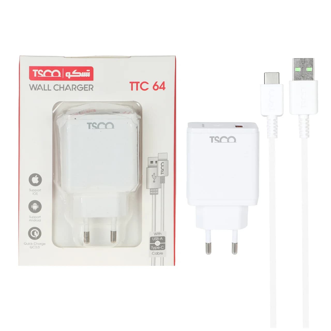 شارژر دیواری فست تک پورت 18 وات TSCO مدل TTC 64 همراه با کابل شارژ TYPE-C – سفید