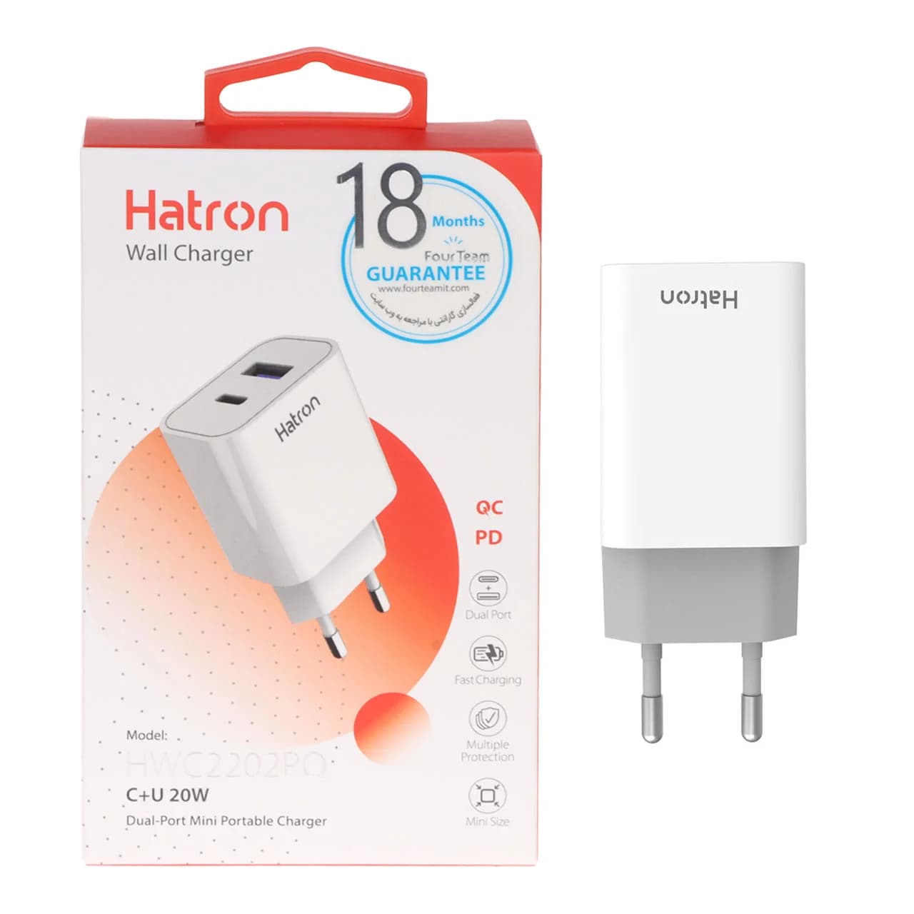 شارژر دیواری 20W فست و PD دو پورت Hatron مدل HWC2202PQ – سفید