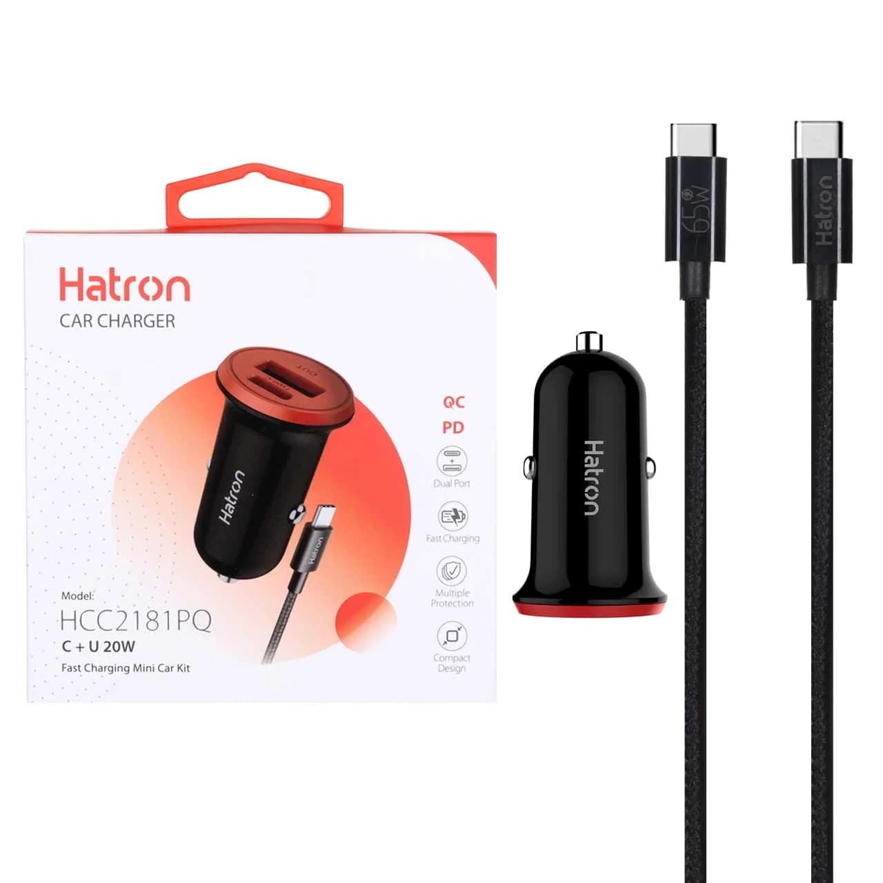 شارژر فندکی فست و PD دو پورت Hatron مدل HCC2181PQ 20W به همراه کابل شارژ Type-C – مشکی