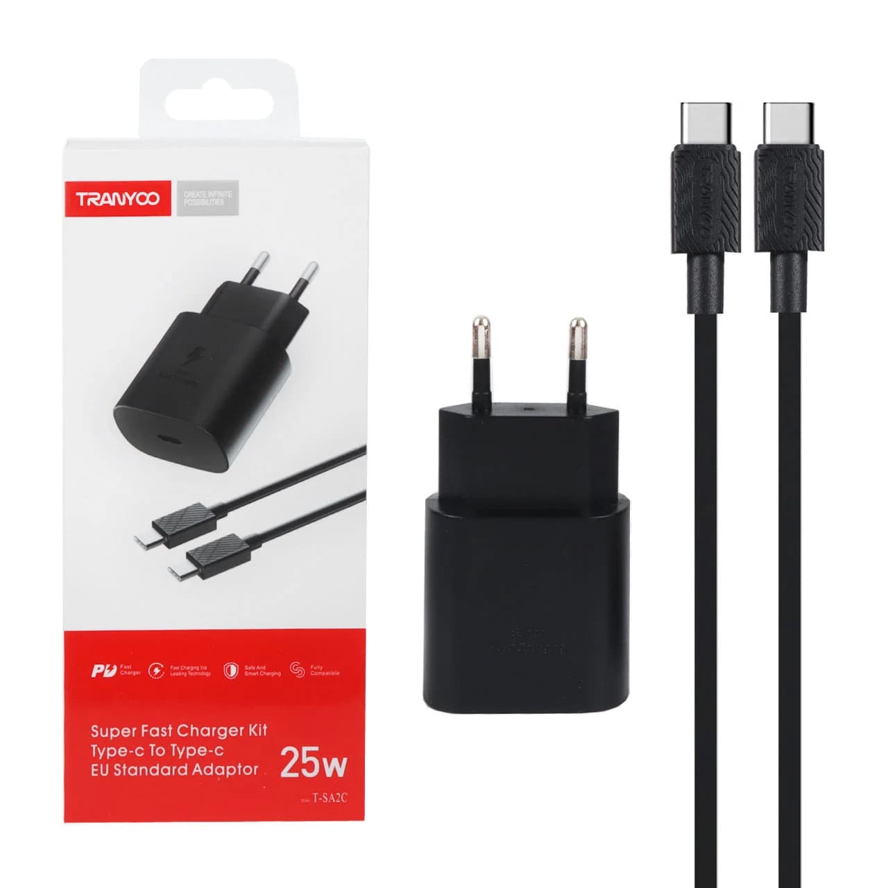 شارژر دیواری 25W فست و PD تک پورت Tranyoo مدل T-SA2C به همراه کابل شارژ Type-C To Type-C – مشکی