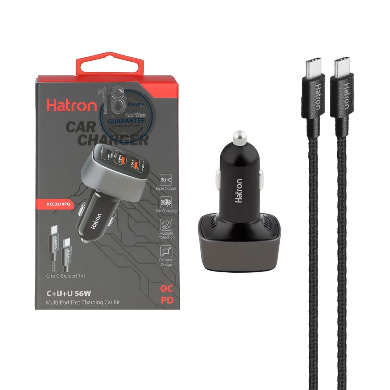 شارژر فندکی 56W فست و PD سه پورت Hatron مدل HCC3210PQ به همراه کابل شارژ Type-C to Type-C – مشکی