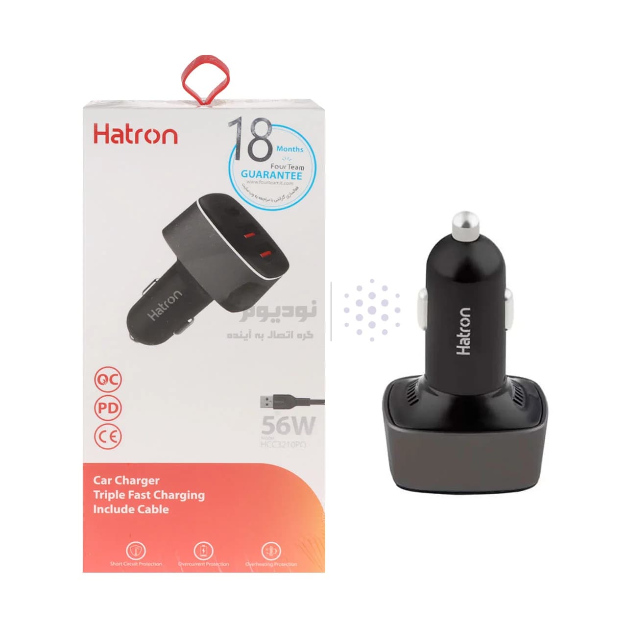 شارژر فندکی 56W فست و PD سه پورت Hatron مدل HCC3210PQ به همراه کابل شارژ Type-C to Type-C – مشکی — تصویر ۳