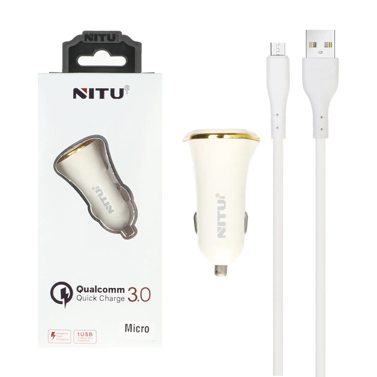 شارژر فندکی فست تک پورت NITU 18W مدلNT-CC802F همراه با کابل اندروید -سفید (گارانتی 18 ماه تعویض نیکان همراه)