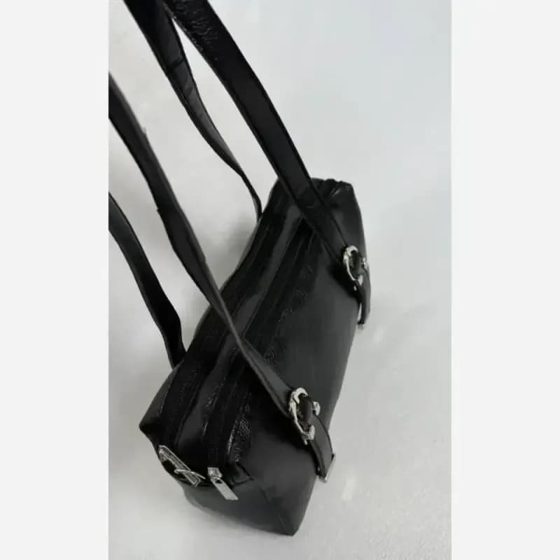کیف دوشی چرمی سگکدار مشکی و قهوهای ابعاد 27 در 15 با دو زیپ — تصویر ۳