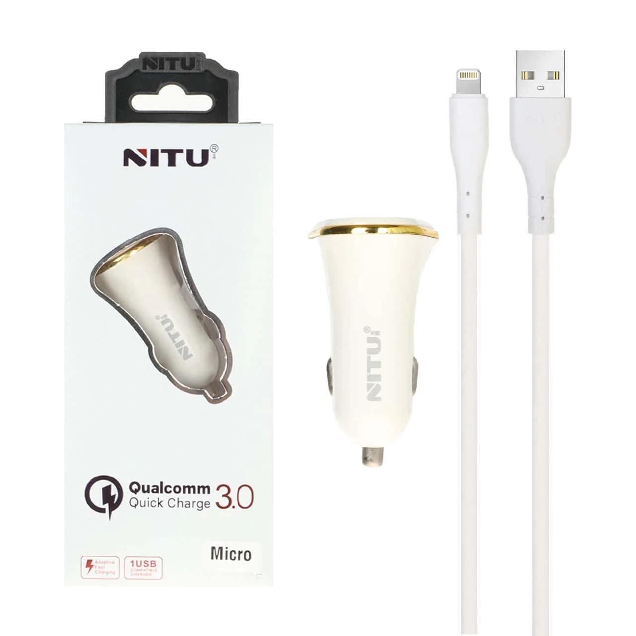 شارژر فندکی فست تک پورت NITU مدل NT-CC802F به همراه کابل شارژ آیفون – سفید (گارانتی 18 ماه تعویض نیکان همراه)