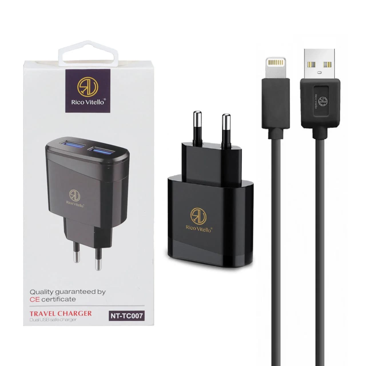 شارژر دیواری فست دو پورت Rico Vitello مدل NT-TC007 12W به همراه کابل شارژ آیفون – مشکی