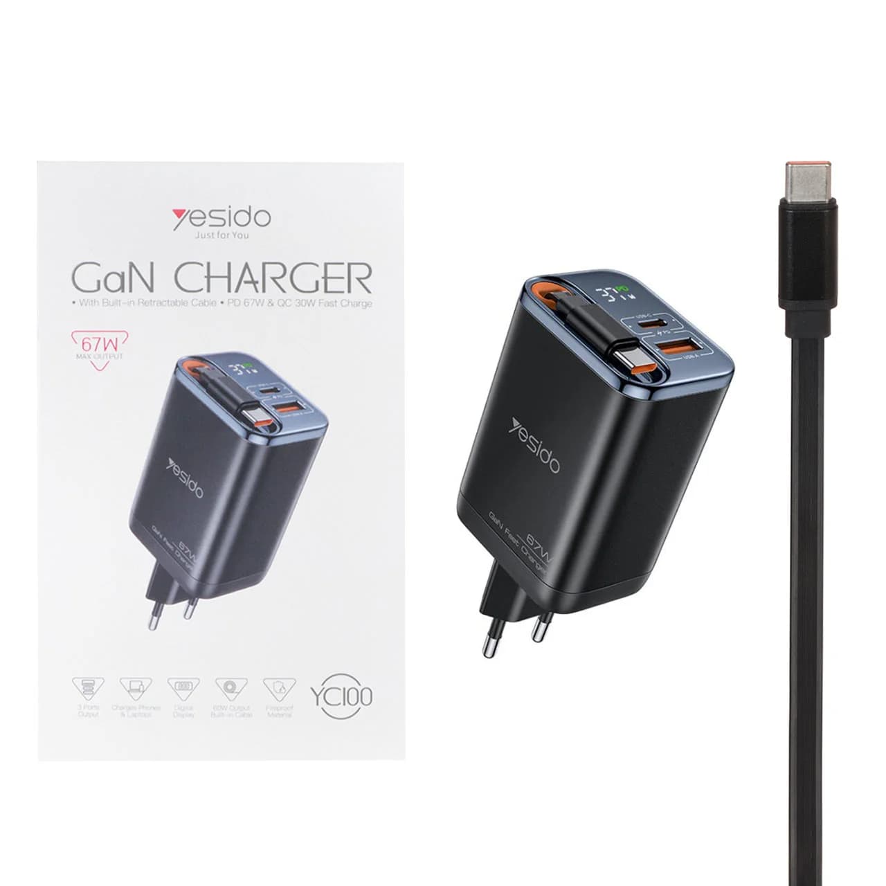 شارژر دیواری PD و فست سه پورت Yesido مدل YC100 67W – مشکی (گارانتی 18 ماه تعویض نیکان همراه)