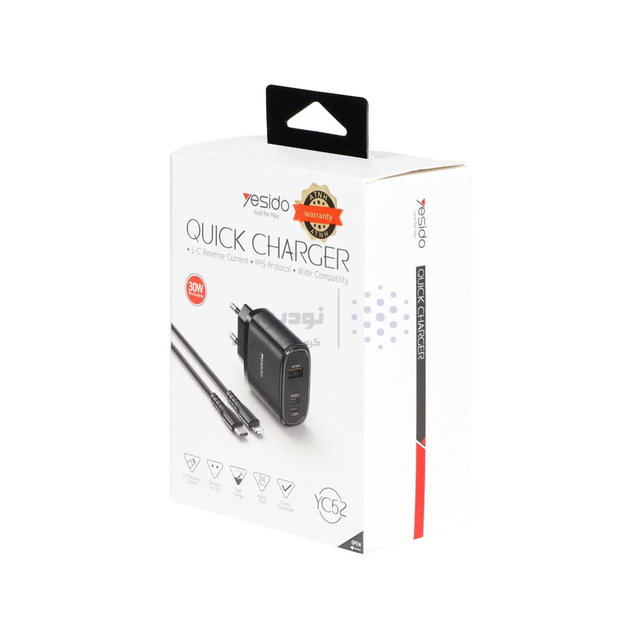 شارژر دیواری فست و PD سه پورت Yesido مدل YC52 30W به همراه کابل شارژ Type-C To Lightning – مشکی (گارانتی 18 ماه تعویض نیکان همراه) — تصویر ۳