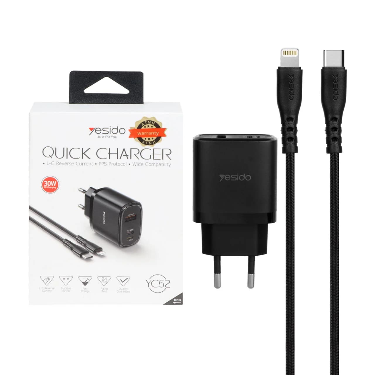شارژر دیواری فست و PD سه پورت Yesido مدل YC52 30W به همراه کابل شارژ Type-C To Lightning – مشکی (گارانتی 18 ماه تعویض نیکان همراه)