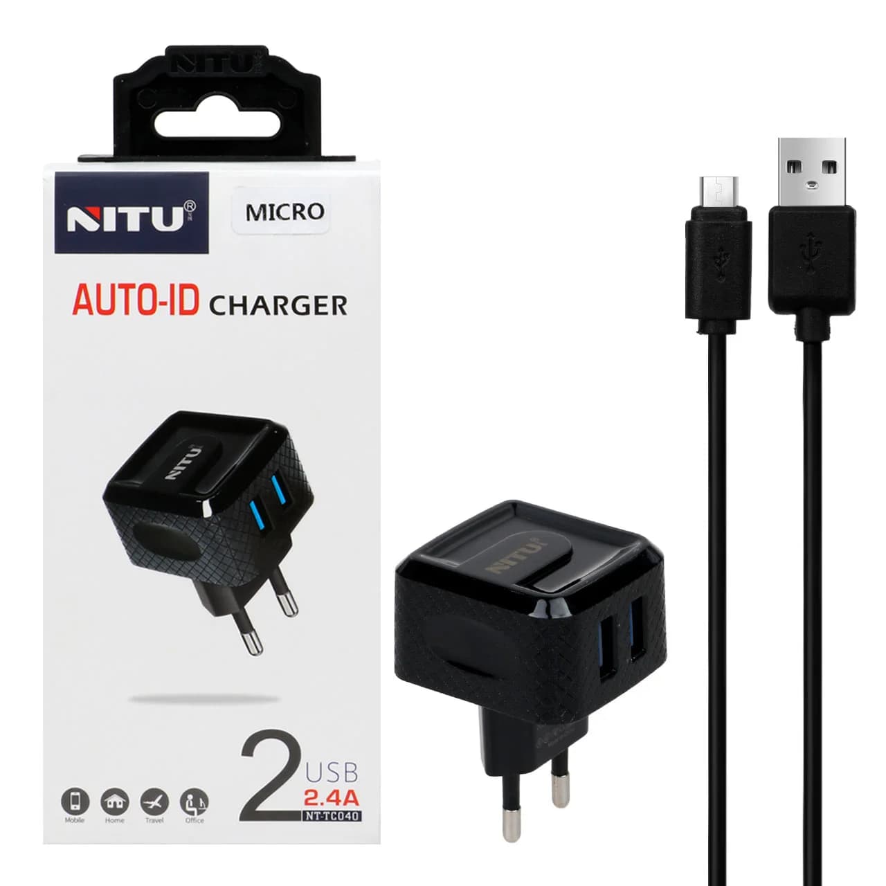 شارژر دیواری فست دو پورت NITU مدل TC040 به همراه کابل شارژ اندروید – مشکی (گارانتی 18 ماه تعویض نیکان همراه)