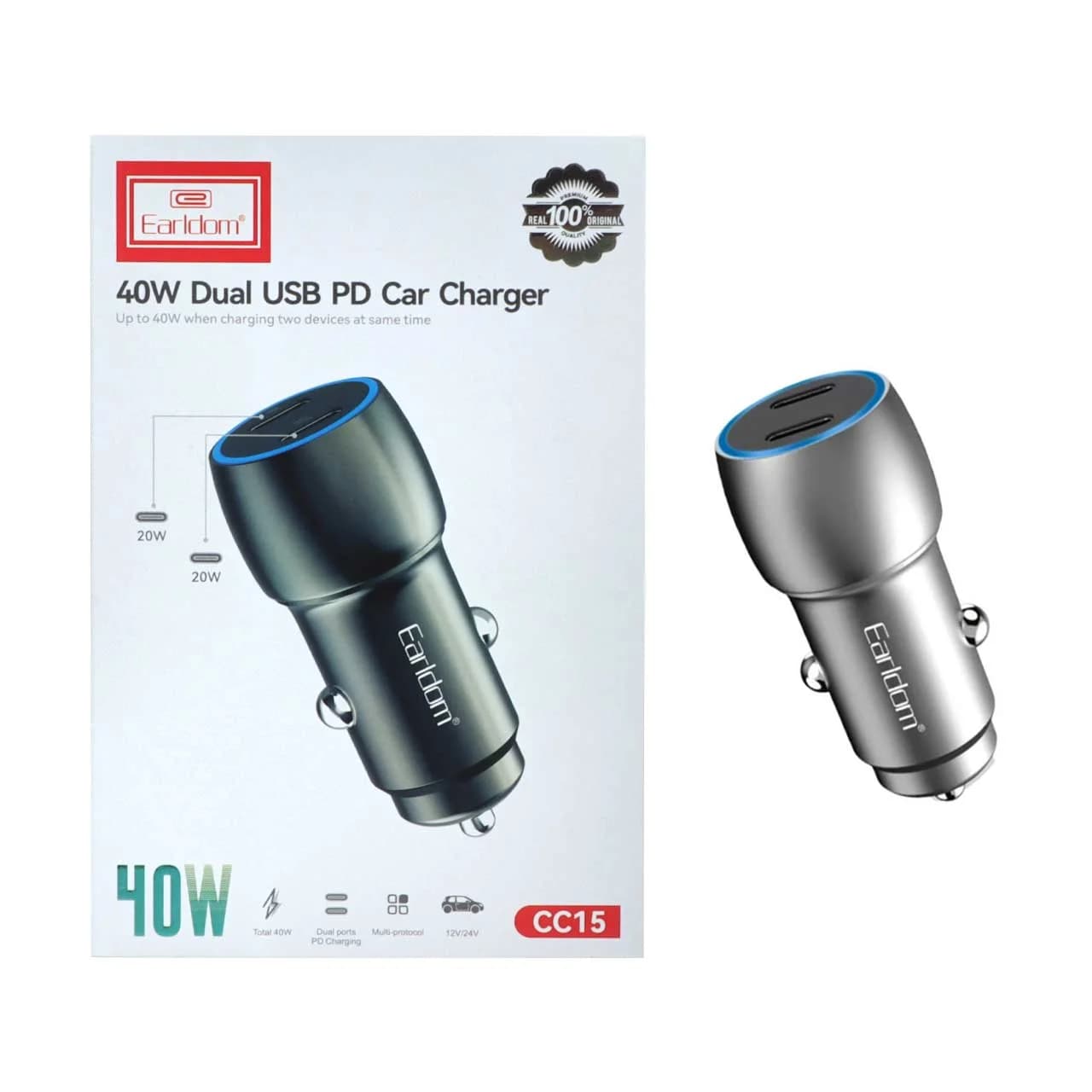 شارژر فندکی 40W فست و PD دو پورت Earldom مدل ES-CC15 – خاکستری