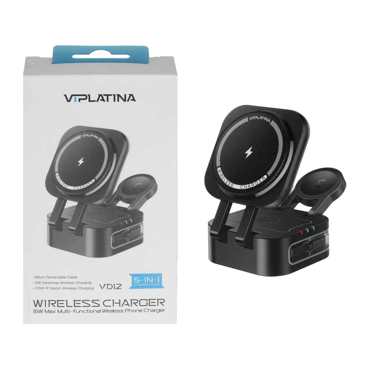 شارژر وایرلس سه کاره VIPLATINA مدل VD12 – مشکی (گارانتی 18 ماه تعویض نیکان همراه)