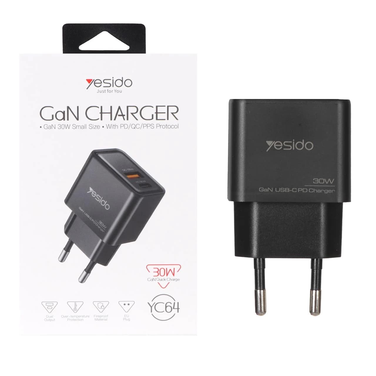شارژر دیواری PD و فست دو پورت Yesido مدل YC64 30W – مشکی (گارانتی 18 ماه تعویض نیکان همراه) مجهز به فناوری GAN
