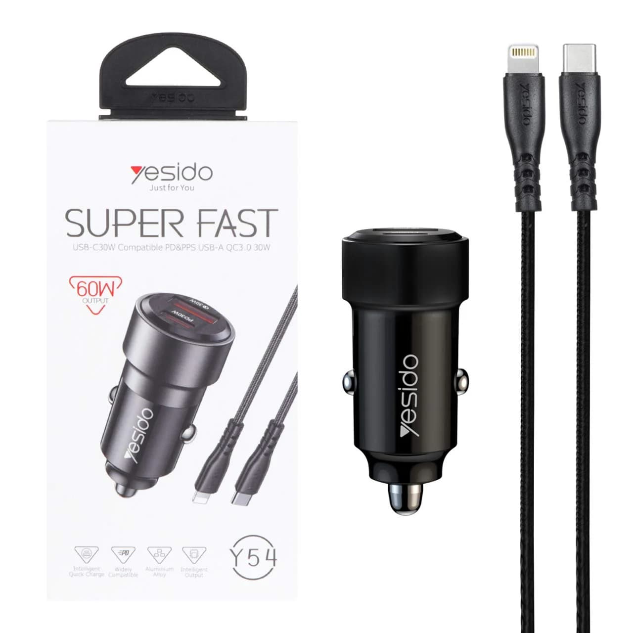 شارژر فندکی PD و فست دو پورت Yesido مدل Y54 60W به همراه کابل شارژ Type-C To Lightning – مشکی (گارانتی 18 ماه تعویض نیکان همراه)