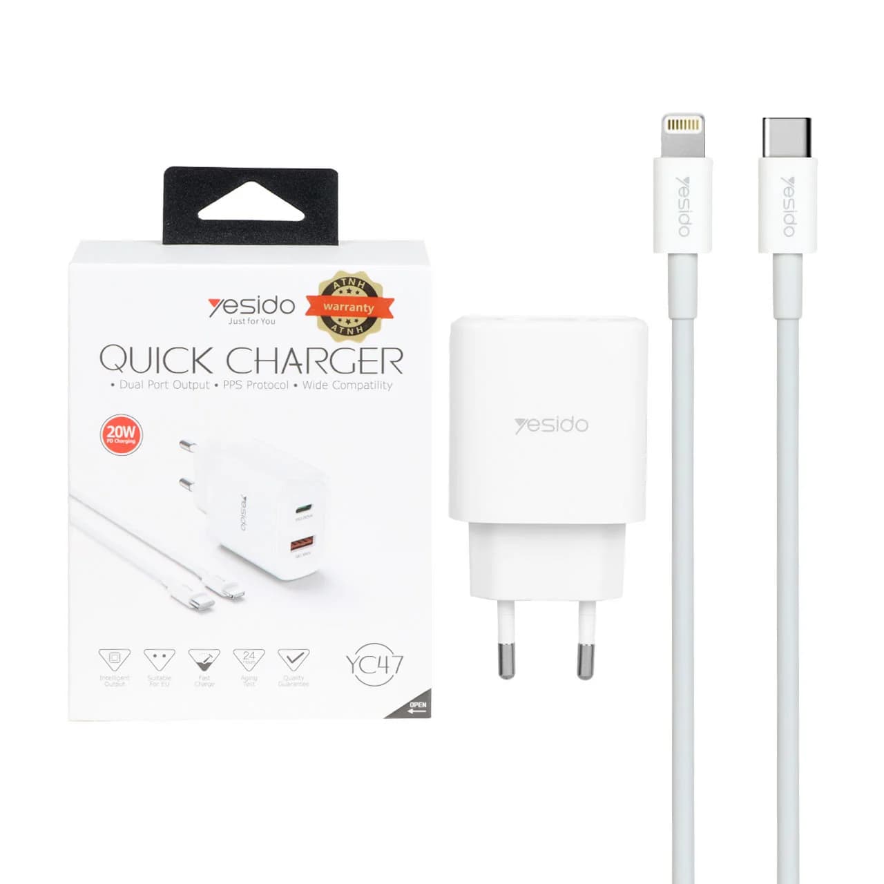 شارژر دیواری فست و PD دو پورت Yesido مدل YC47 20W به همراه کابل شارژ Type-C To Lightning – سفید (گارانتی 18 ماه تعویض نیکان همراه)
