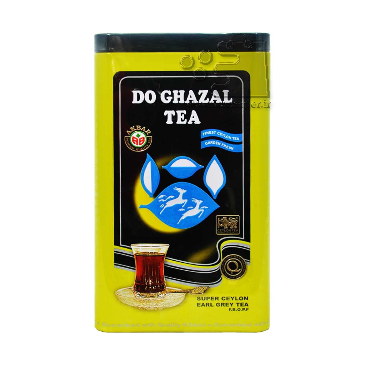 چای سیاه سیلان ارل گری ( عطری ) ۴۵۰ گرم قوطی فلزی دو غزال اکبر – akbar