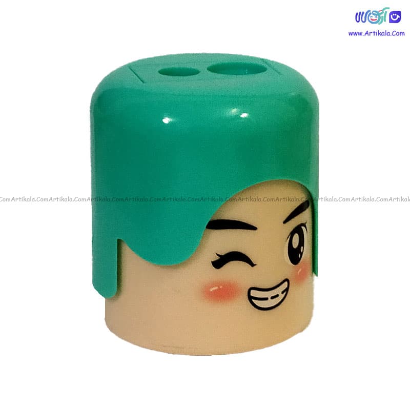 مداد تراش مخزن دار دو سر طرح ایموجی رنگ سبز