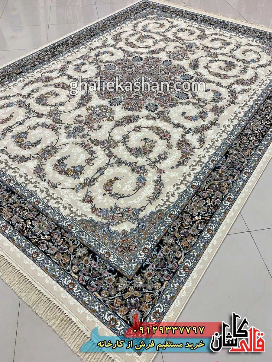 فرش 1000 شانه طرح باغ حریر زمینه کرم چرک کاشان – گل برجسته
