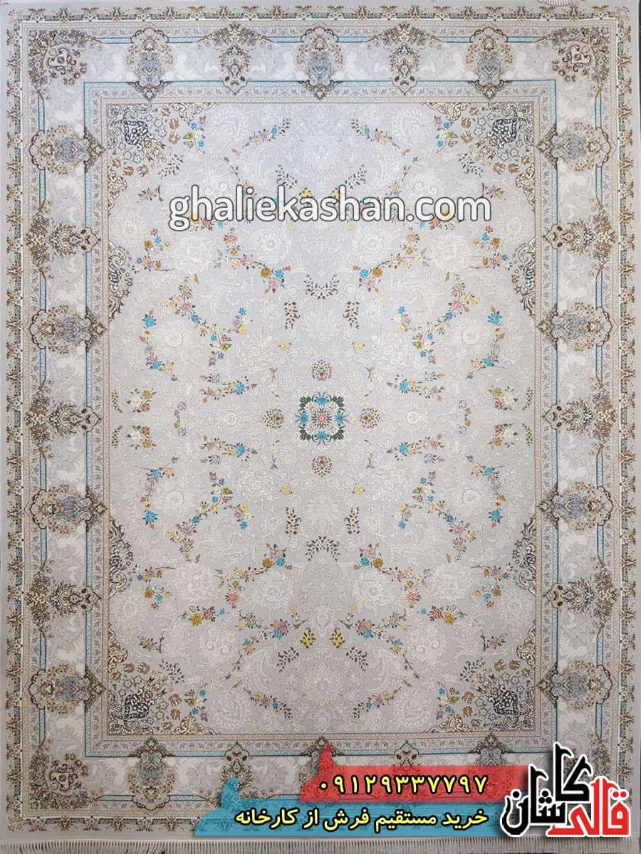 فرش 1200 شانه طرح هشت بهشت زمینه نقره ای کاشان – گل برجسته