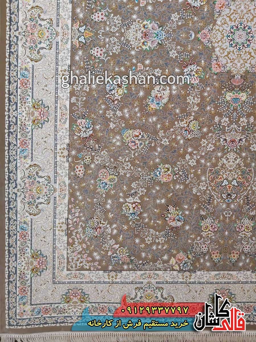 فرش 1200 شانه طرح مهتاب زمینه نسکافه ای کاشان – گل برجسته — تصویر ۲