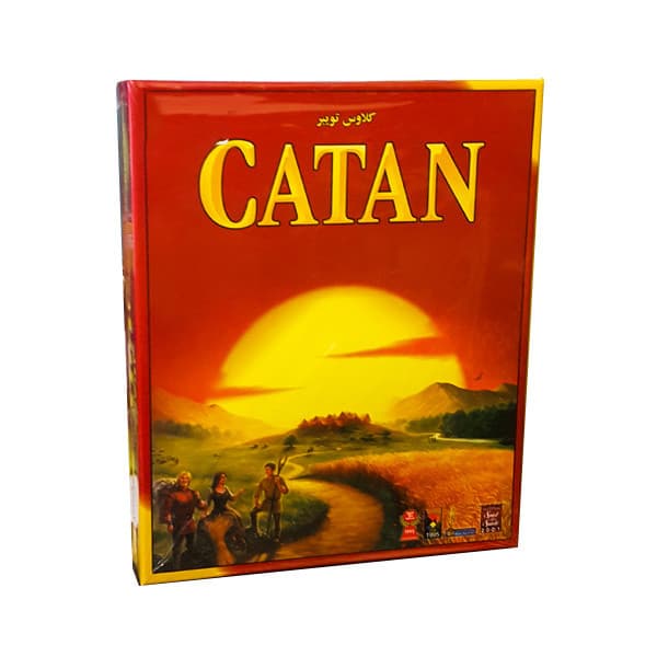 بازی فکری رومیزی مدل مهاجران کاتان گیم باکسیز Settlers of Catan مناسب 2 تا 4 نفر، سن 10 سال به بالا، مدت بازی 60 تا 90 دقیقه، شامل قطعات شش ضلعی زمین، کارت منابع، کارت توسعه و تاس
