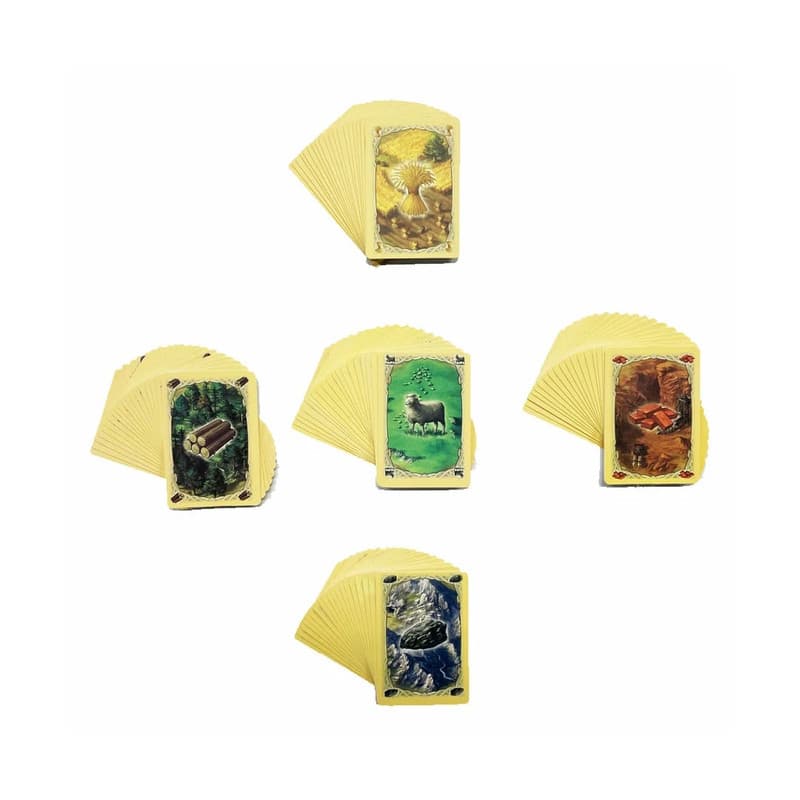 بازی فکری رومیزی مدل مهاجران کاتان گیم باکسیز Settlers of Catan مناسب 2 تا 4 نفر، سن 10 سال به بالا، مدت بازی 60 تا 90 دقیقه، شامل قطعات شش ضلعی زمین، کارت منابع، کارت توسعه و تاس — تصویر ۵